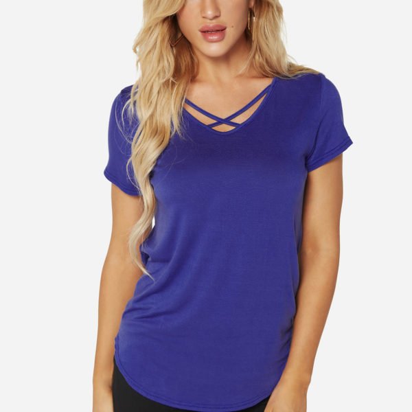 Blue Crossed Front Design V-neck Short Sleeves Casual Tee 2