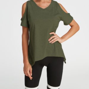 Army Green Cold Shoulder Irregular Hem T-shirt