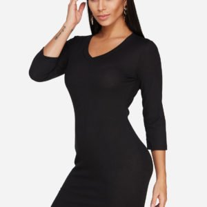 Black Plain V-neck 3/4 Length Sleeves Bodycon Hem Dress