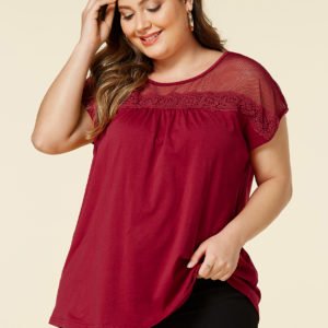 YOINS Plus Size Burgundy Fishnet Round Neck Short Sleeves Tee