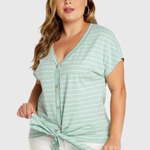 Plus Size Mint Green Stripe Button Front V-neck Blouse