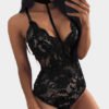 Black Floral Pattern Lace See-through Halter Sexy Teddy 3