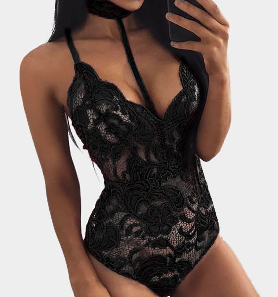 Black Floral Pattern Lace See-through Halter Sexy Teddy 2