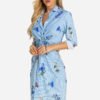 Blue Stripe & Floral Print Knotted Classic Collar Long Sleeves Dresses 3