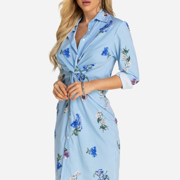 Blue Stripe & Floral Print Knotted Classic Collar Long Sleeves Dresses 2