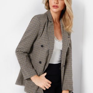 Grid Lapel Collar Long Sleeves Button Design Coat