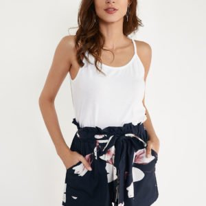 Navy Random Floral Print Self-tie Design Shorts