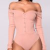 Pink Off The Shoulder Button Front Long Sleeves Bodycon Bodysuit 3