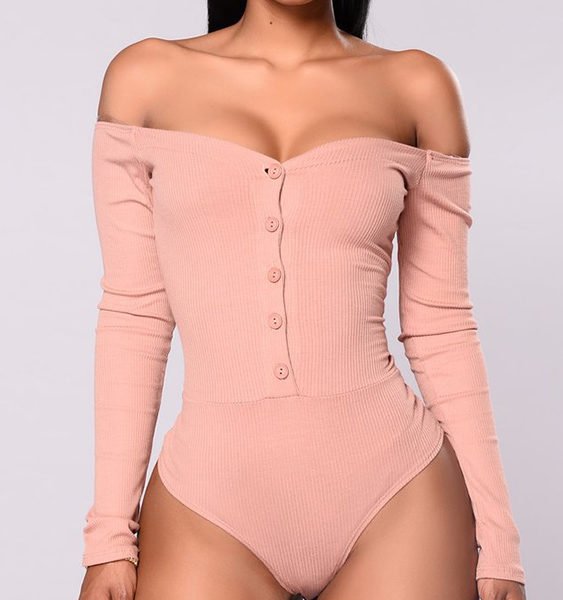 Pink Off The Shoulder Button Front Long Sleeves Bodycon Bodysuit 2
