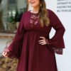 Plus Size Burgundy Lace Patchwork Ruffle Sleeves Dress 3
