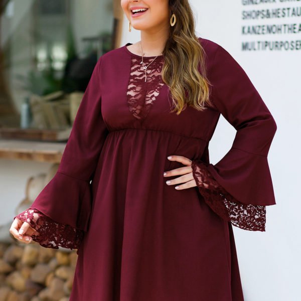 Plus Size Burgundy Lace Patchwork Ruffle Sleeves Dress 2