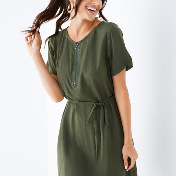 YOINS Army Green Self-tie Design V-neck Short Sleeves Dress 2