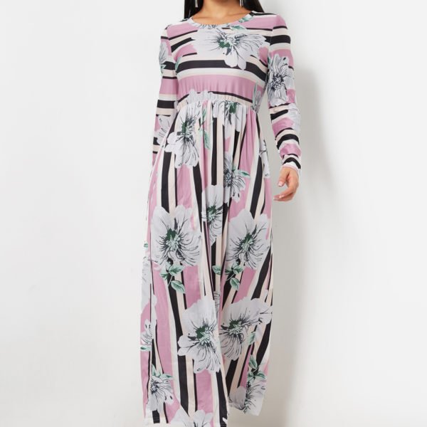Round Neck Long Sleeve Random Floral Print Maxi Dress in Pink 2