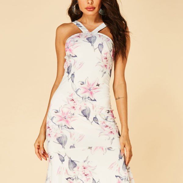 White Floral Print Halter Sleeveless Dress 2