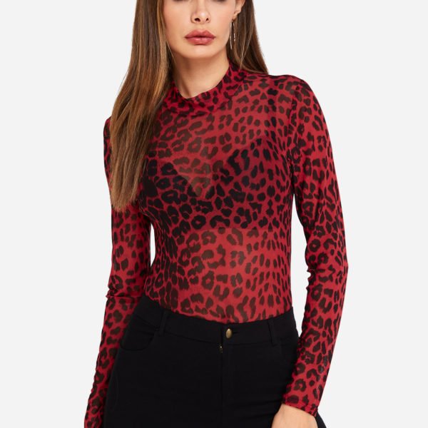 Leopard Print Mesh See-through Top in Red 2
