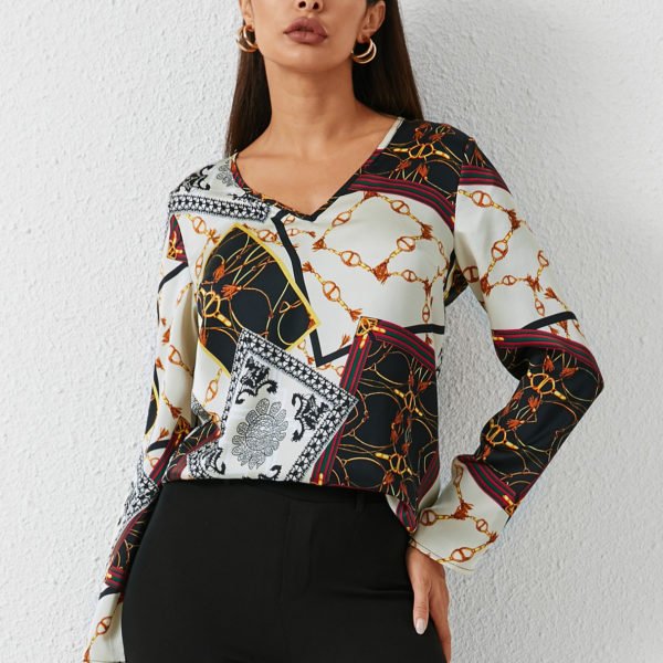 YOINS Scarf Print V-neck Blouse 2