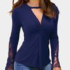 Navy Lace Insert Twisted Knot Design V-neck Long Sleeves Top 3