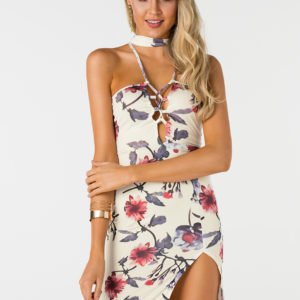 White Lace-up Design Random Floral Print Halter Sleeveless Dresses