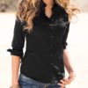 Black Turn Down Collar Front Button Blouse 3