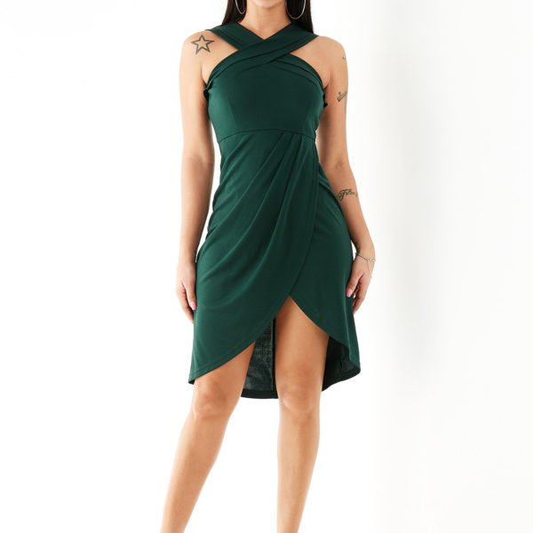 YOINS Green Crossed Front Zip Design Sleeveless Dress 2