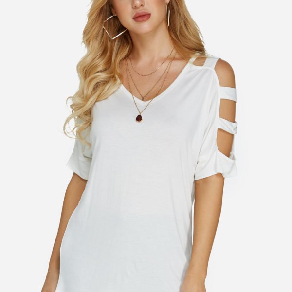 White Cut Out Cold Shoulder Half Sleeves T-shirt 2