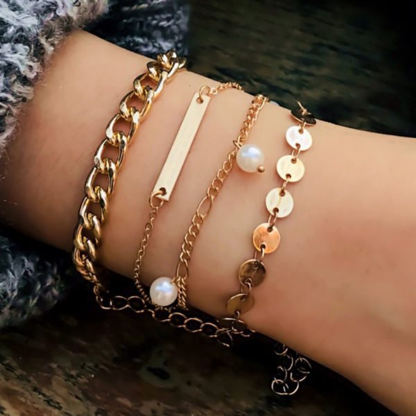 Gold Mixed Artificial Pearl Four-piece Bracelet Set 2