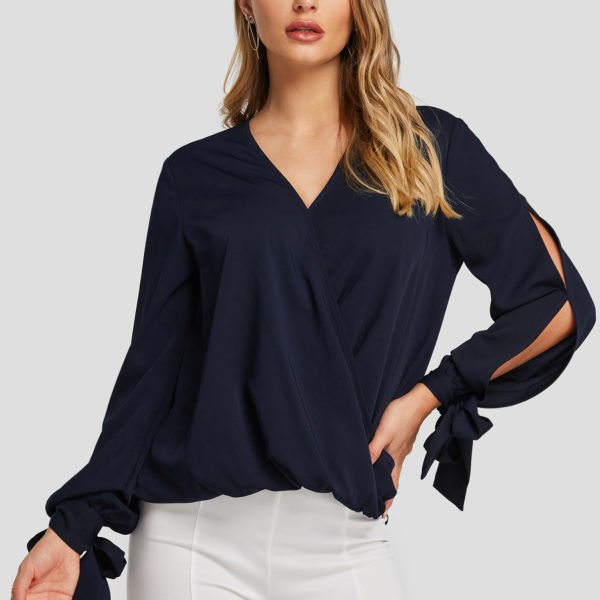 Navy Cut Out V-neck Long Sleeves Blouse 2
