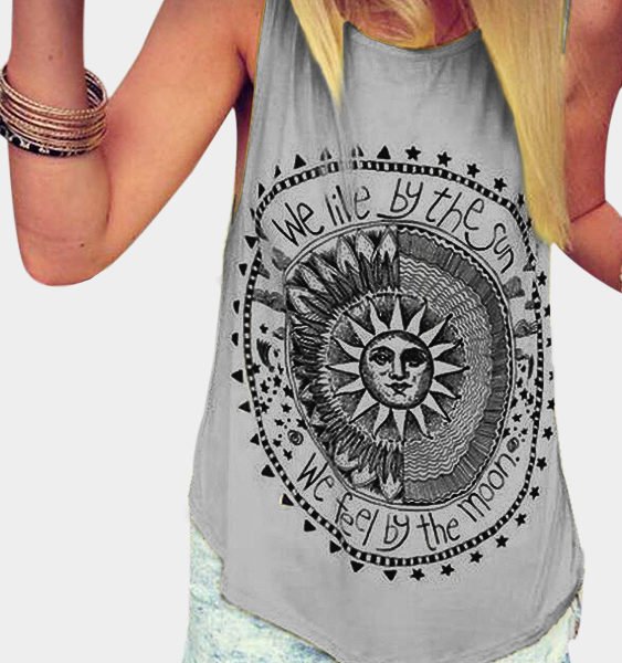 Grey Disk Letter Pattern Round Neck Casual Tank Top 2