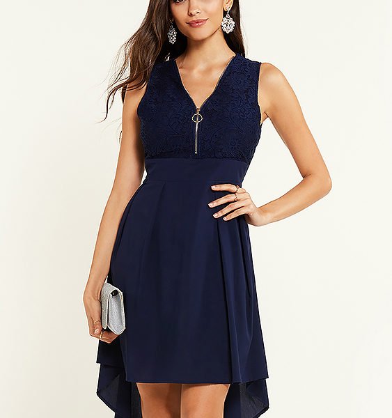 YOINS Navy Lace Insert Design Zip Front Sleeveless Dress 2
