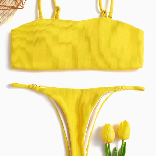 Yellow Sexy Square Neck Mid-waisted Bandeau Bikini Set 2