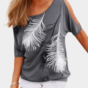 Grey Feather Printing T-shirt With Cold Shoulder