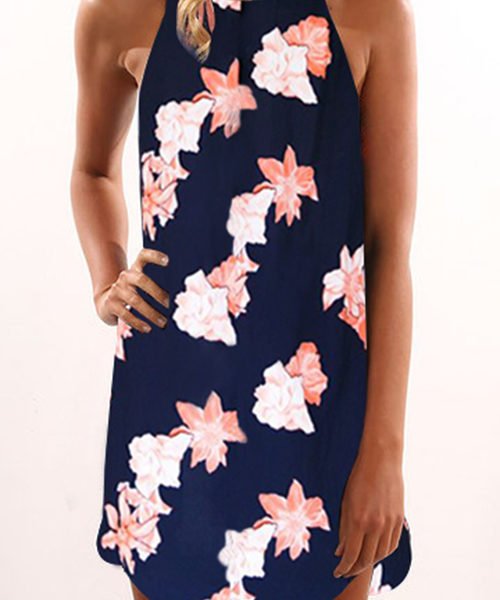 Navy Random Floral Print Sleeveless Dress 2