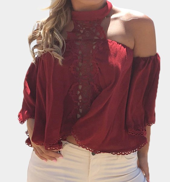 Burgundy Sexy Hollow Lace Insert Top 2