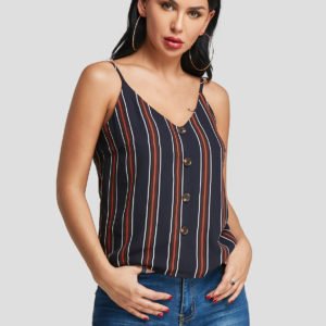 Navy Spaghetti Strap Button Design Stripe V-neck Cami