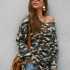 Army Green Camo One Shoulder Long Sleeves Oversize Jumper 3