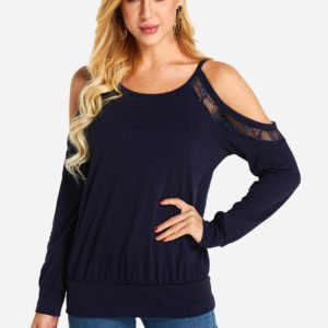 Navy See-through Lace Insert Cold Shoulder Long Sleeves Tee