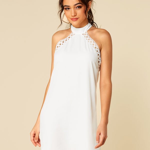 White Backless Design Self-tie Design Halter Sleeveless Dress 2