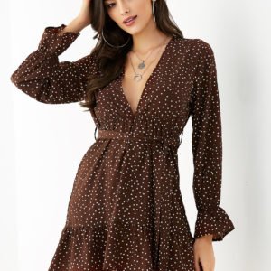 YOINS Brown Belt Design Polka Dot Deep V-neck Long Sleeves Dress