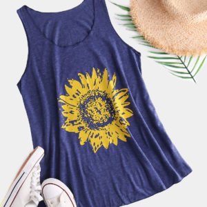 Blue Sunflower Print Round Neck Tank Top