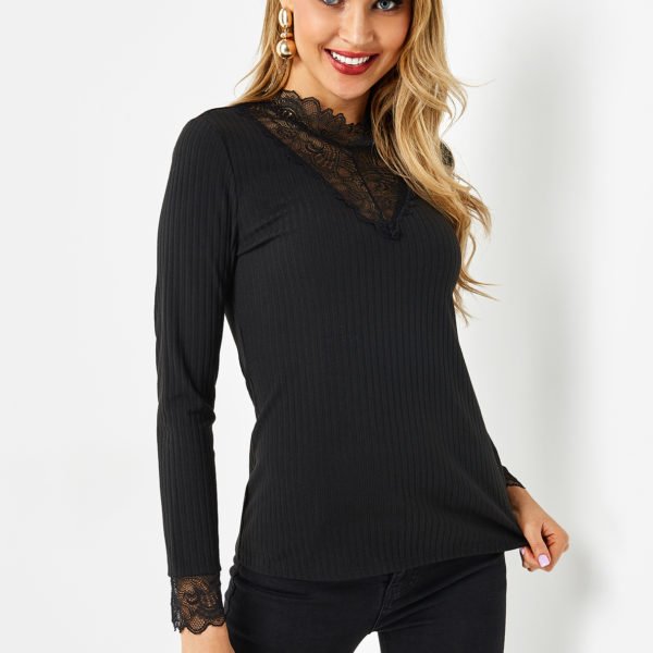 Black Stand Collar Long Sleeves Lace Trim Top 2