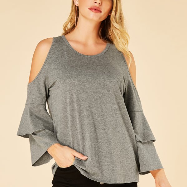 Grey Double Layer Cold Shoulder Long Sleeves Blouse 2