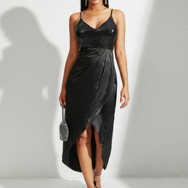 YOINS Black Satin Sequins Split Design Spaghetti Strap Dress 2