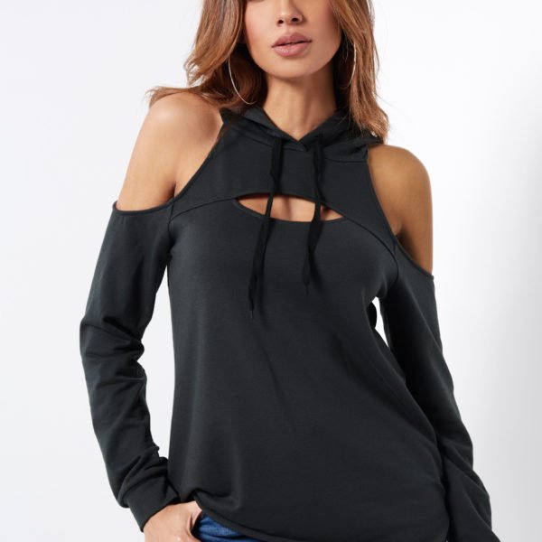 Grey Fashion Cold Shoulder Long Sleeves Hooded Sweatshirts With Hollow Front 2