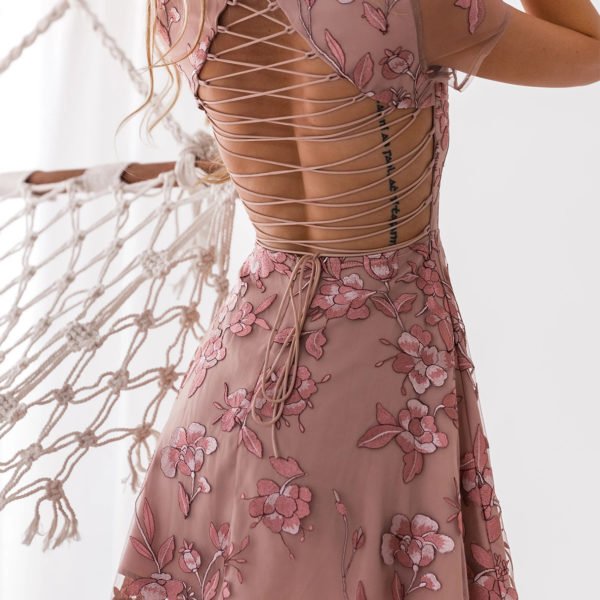 Pink Floral Embroidered Cutout Waist Criss-cross Back Mini Dress 2