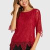 YOINS Red Lace Round Neck Half Sleeves Blouse 3