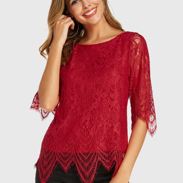 YOINS Red Lace Round Neck Half Sleeves Blouse 2