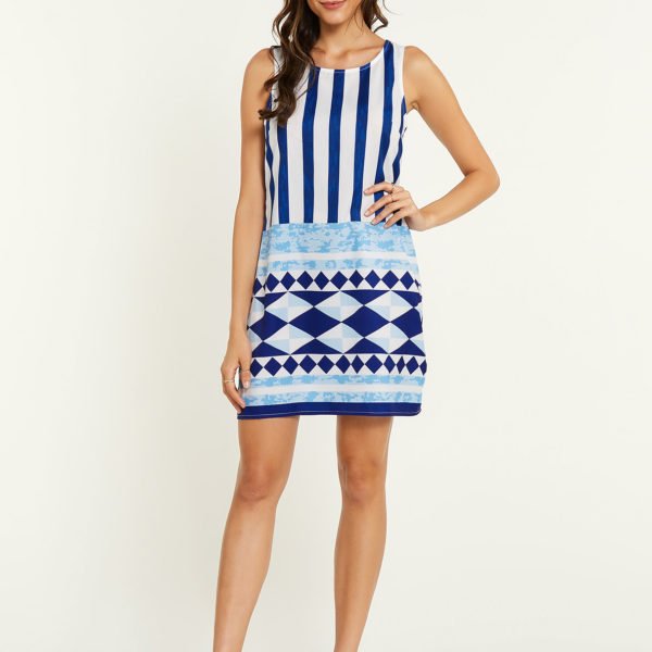YOINS White Geo Print Stripe Round Neck Sleeveless Dress 2