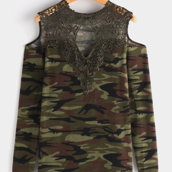 Camo Lace Details Camouflage Cold Shoulder Long Sleeves T-shirts 2
