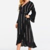 Black Wrap Design Stripe V-neck Long Sleeves Maxi Dress 3