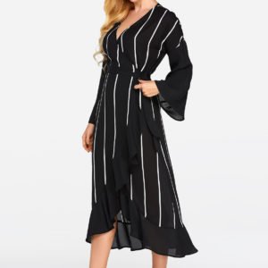 Black Wrap Design Stripe V-neck Long Sleeves Maxi Dress